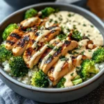 Grilled Chicken & Broccoli Bowls with Creamy Garlic Sauce