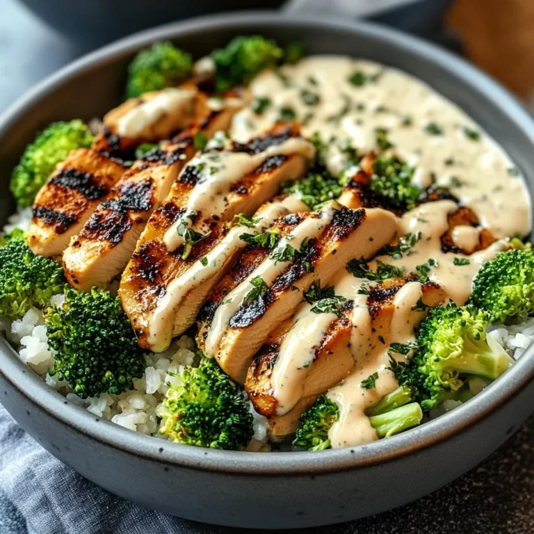 Grilled Chicken & Broccoli Bowls with Creamy Garlic Sauce