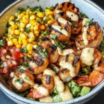 Grilled Shrimp Bowl with Avocado, Corn Salsa & Creamy Garlic Sauce