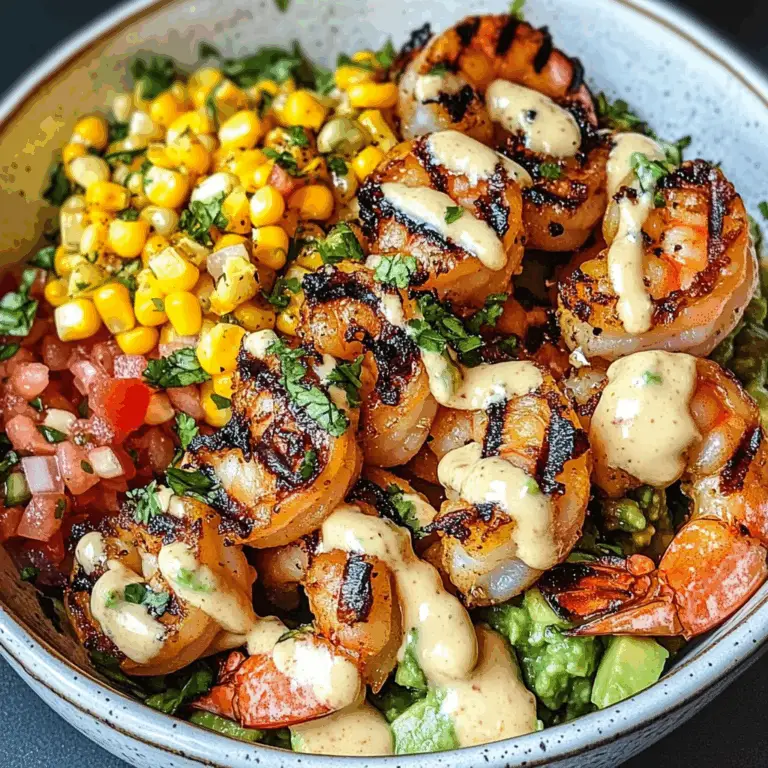 Grilled Shrimp Bowl with Avocado, Corn Salsa & Creamy Garlic Sauce