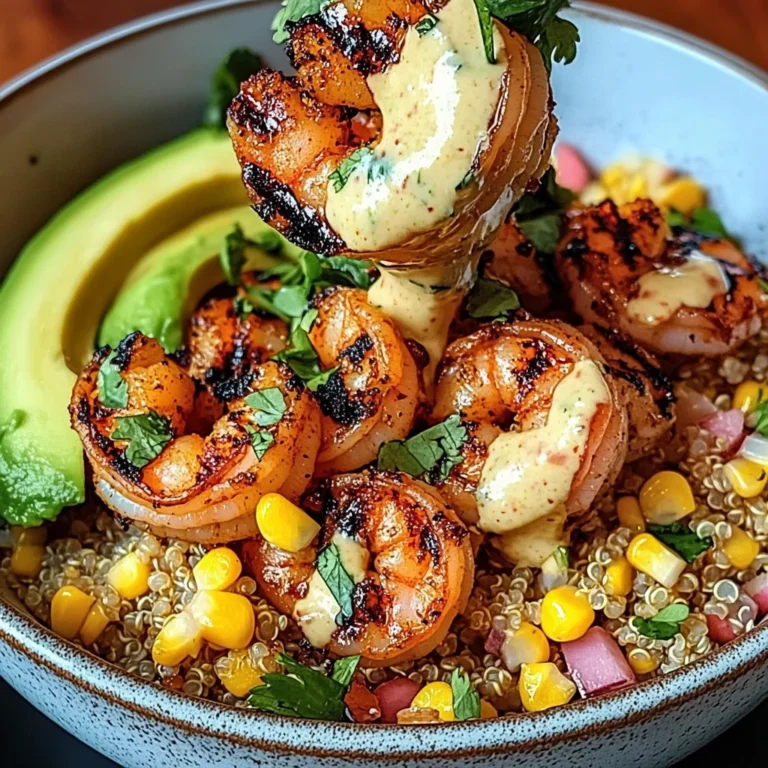 Grilled Shrimp Bowl with Avocado, Corn Salsa & Creamy Sauce